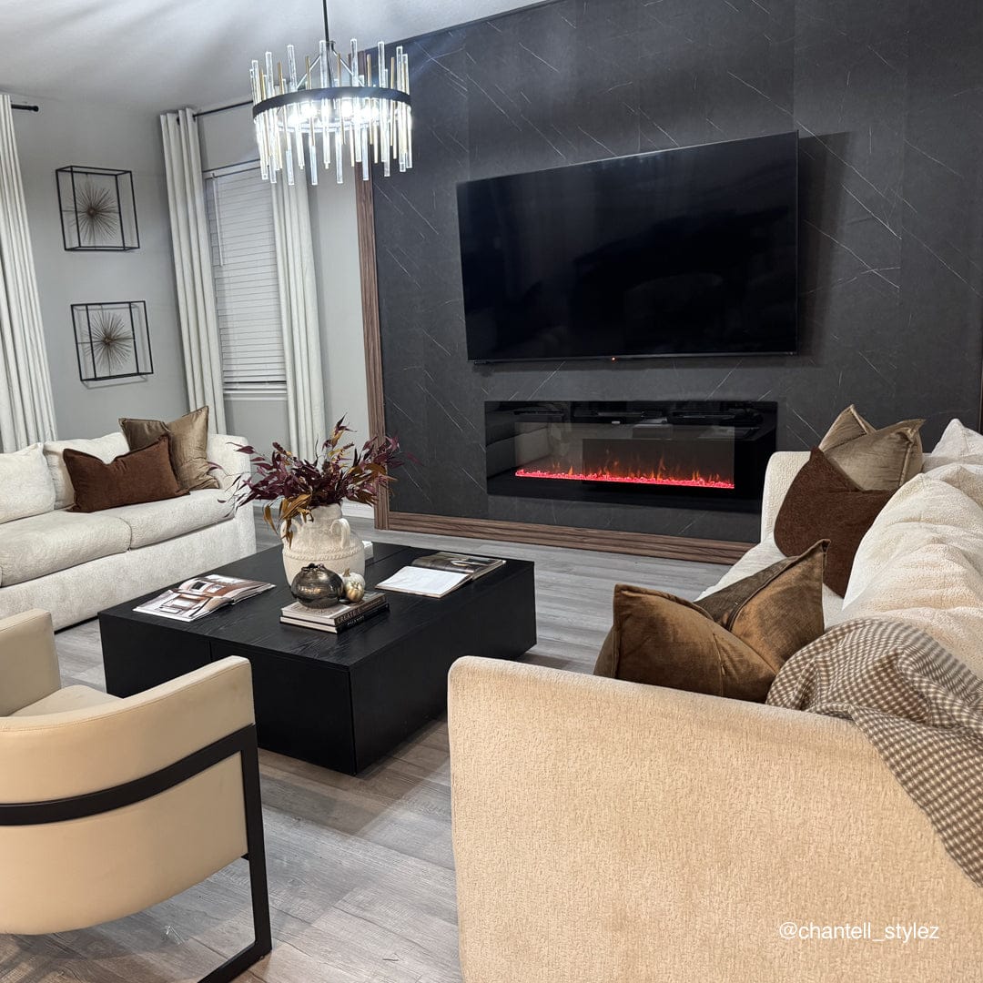 Touchstone Sideline 60 electric fireplace in a living room with a dark textured wall and a TV above it