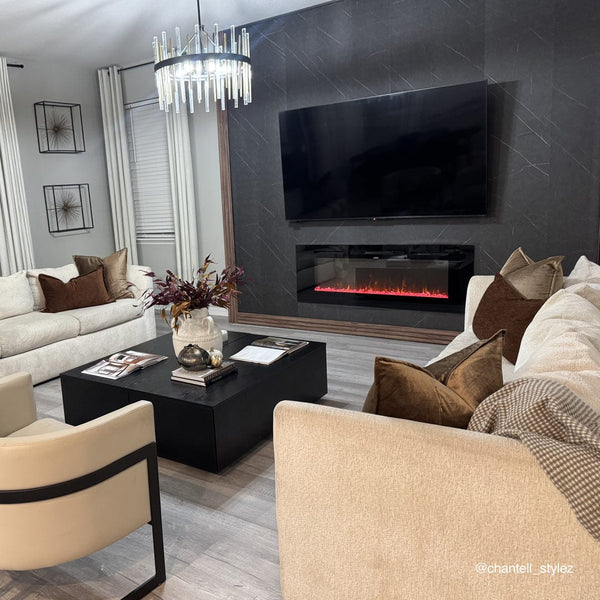 Touchstone Sideline 60 electric fireplace in a living room with a dark textured wall and a TV above it