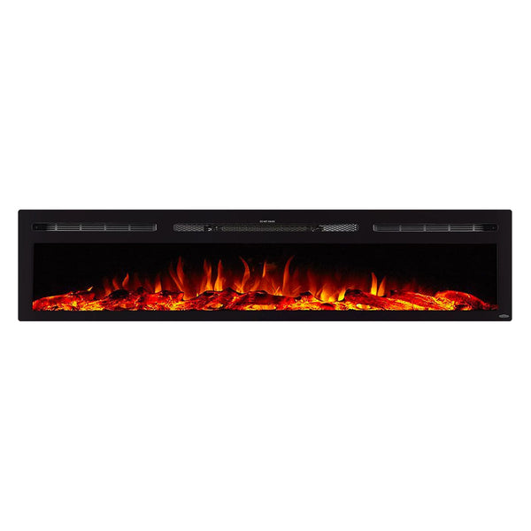 Touchstone Sideline 84-Inch recessed electric fireplace installed in a room