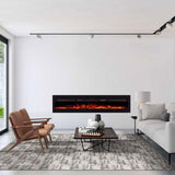 Touchstone Sideline 84-Inch recessed electric fireplace installed in a room