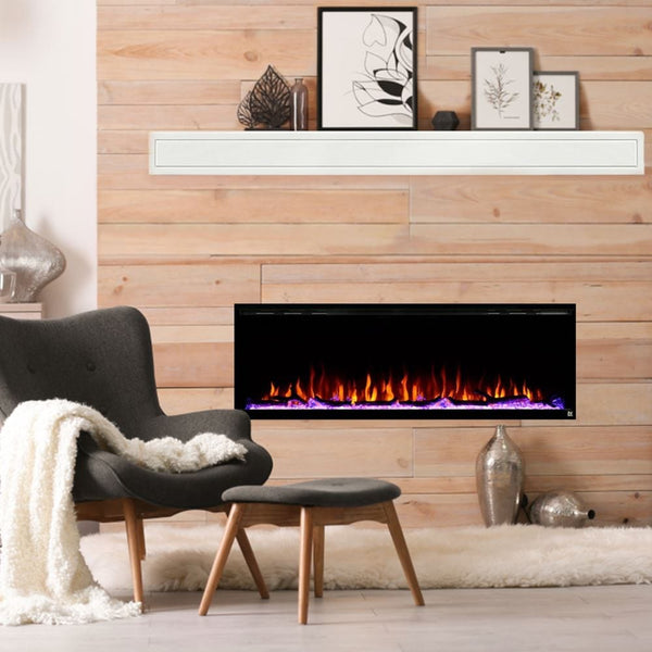 Touchstone Sideline Elite Electric Fireplace with White Mantel in a scandi inspired living room