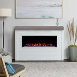 Touchstone Sideline Elite 60 Electric Fireplace with brown faux wood mantel on shiplap wall