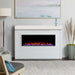 Touchstone Sideline Elite 60 Electric Fireplace with white faux wood mantel on shiplap wall