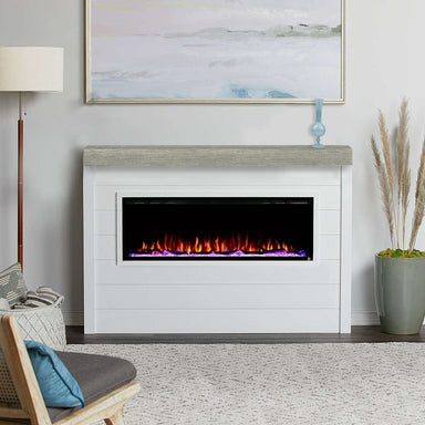 Touchstone Sideline Elite 60 Electric Fireplace with light gray faux wood mantel