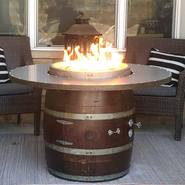 Wine Barrel Dude Custom Height Gas Fire Pit Table on a patio