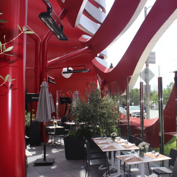 Black Bromic Tungstan Electric Heaters Mounted Overhead in Restaurant