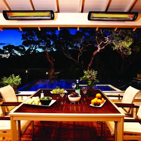 Black Bromic Tungsten Smart-Heat Electric Patio Heaters in Outdoor Dining Area