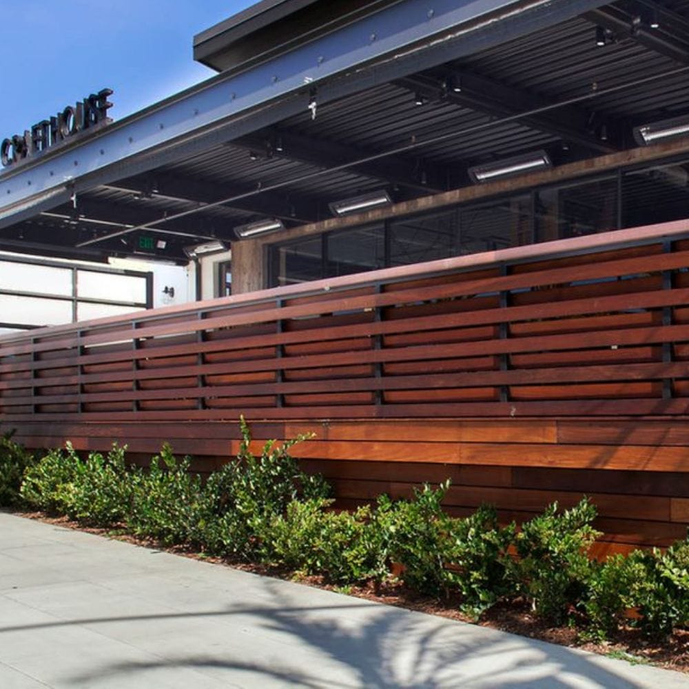Black bromic tungsten smart-heat electric patio heater at crafthouse restaurant in california
