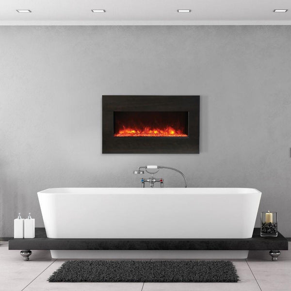 Amantii Panorama XS 40″ Built-in Indoor /Outdoor Electric Fireplace in Bathroom - close-up view