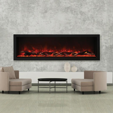 Amantii Panorama XT 72" Indoor /Outdoor Electric Fireplace in Modern Room with canopy lighting on