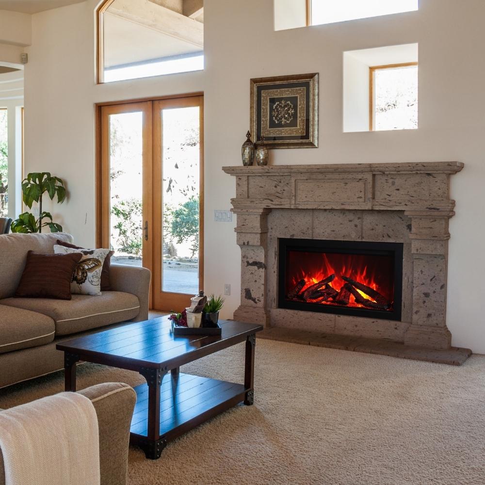 Amantii Traditional 44" Built-in Electric Fireplace with Custom Stone Mantel in a traditional living room