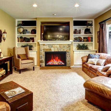 Amantii Traditional 33" Built-in Electric Fireplace in Living Room between bookshelves