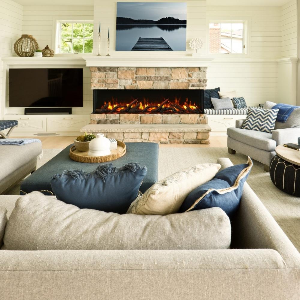 Amantii TRU-VIEW Slim Indoor/Outdoor 3-Sided Electric Fireplace -  72" Size in Living Room