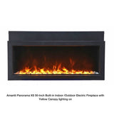 Amantii Panorama XS 50-Inch Built-in Indoor /Outdoor Electric Fireplace (BI‐50‐XTRASLIM) with yellow canopy lighting