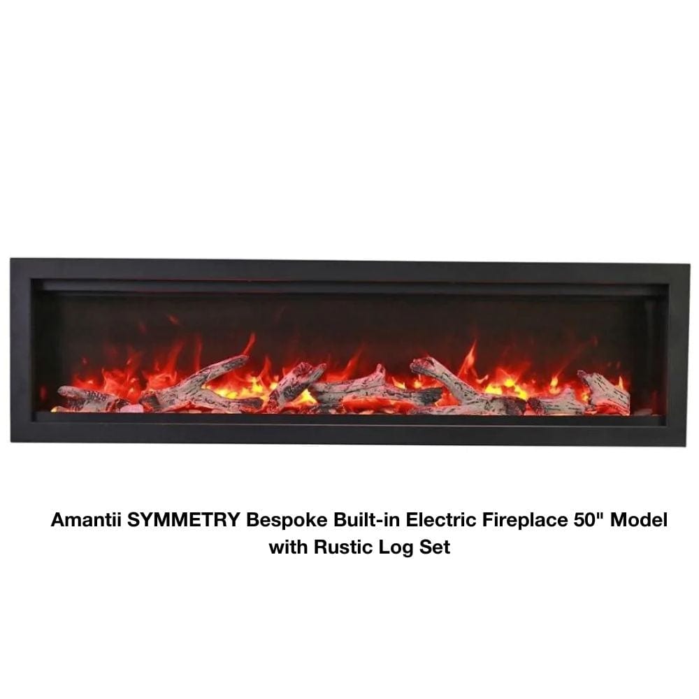 SYMMETRY Bespoke Built-in Electric Fireplace with WiFi and Sound with Flames, Rustic Log Set and Black Surround