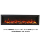 SYMMETRY Bespoke Built-in Electric Fireplace with WiFi and Sound with Flames, Rustic Log Set and Black Surround