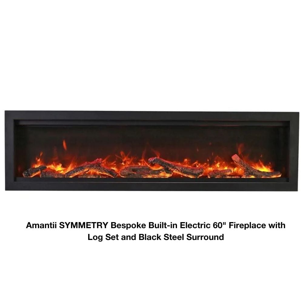 SYMMETRY Bespoke Built-in Electric Fireplace with WiFi and Sound with Flames, Rustic Log Set and Black Surround
