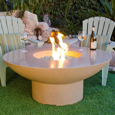 American Fyre Designs Lotus 48" Concrete Round Gas Fire Pit Table with Wine and Glasses