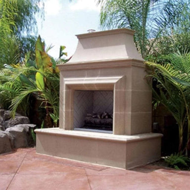 American Fyre Designs Reduced Cordova 76-Inch Free Standing Outdoor Gas Fireplace Between Palm Trees