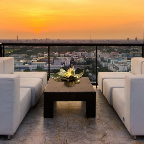 Anywhere Fireplace Heathcote Gold Gel Firepot on Outdoor Deck Table