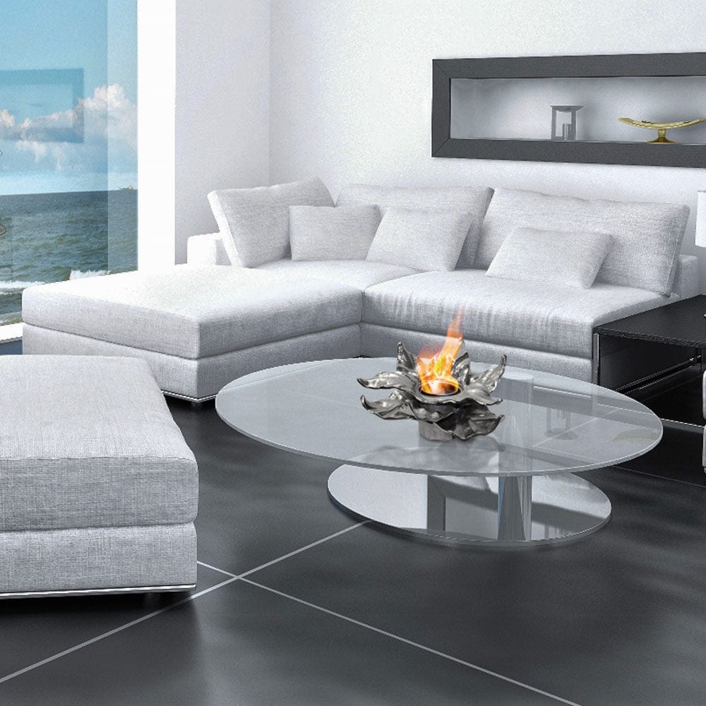 Anywhere Fireplace Heathcote Silver Gel Firepot on Living Room Table