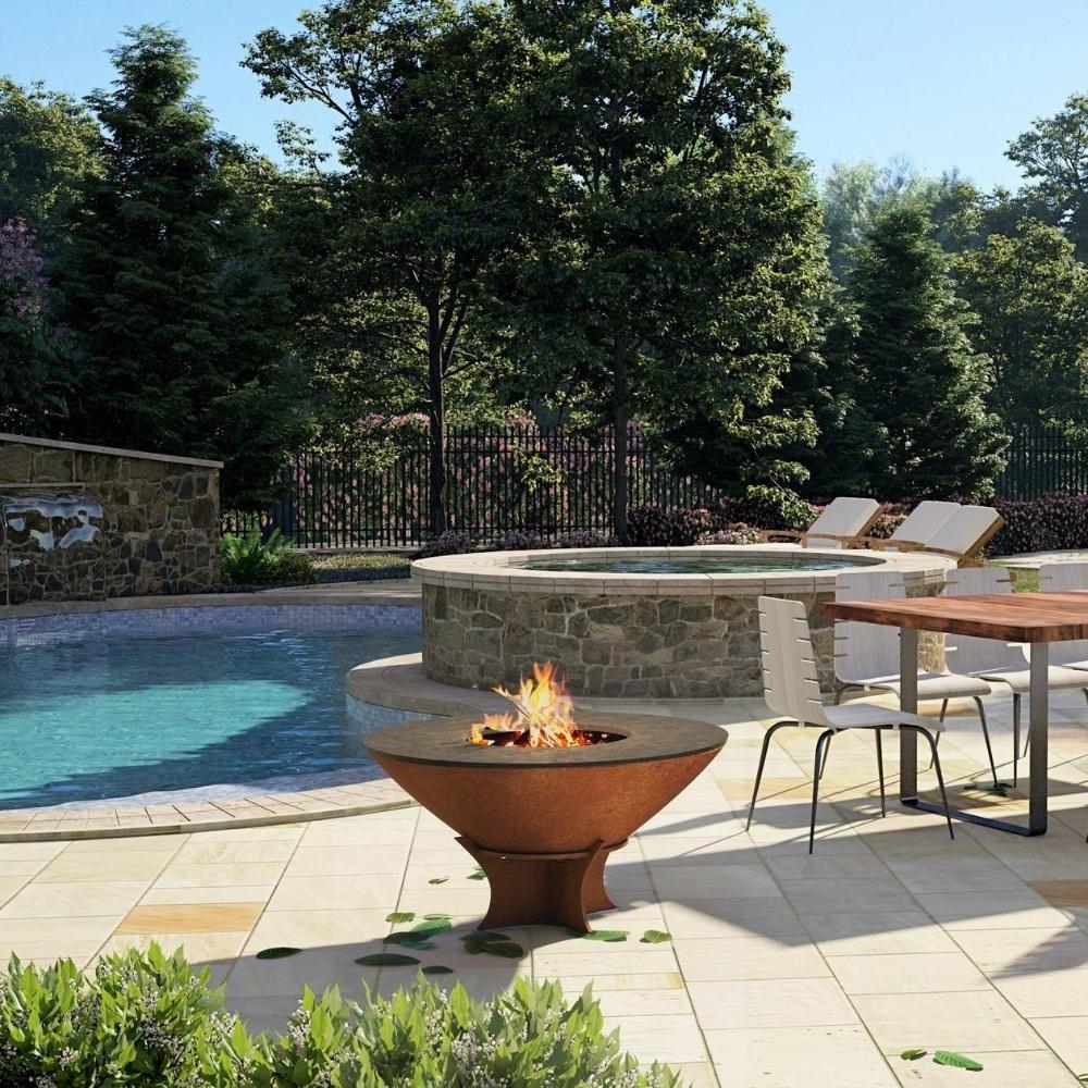 Arteflame 18-Inch Tall Low Euro Base Corten Steel Fire Pit with Cooktop Poolside