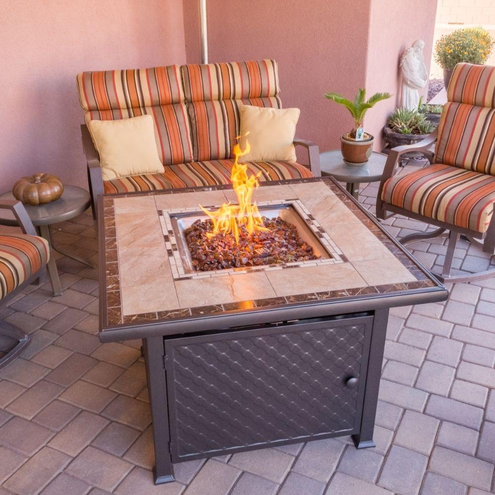AZ Patio Heaters Marble Tile 40" Square Gas Fire Pit Table (GFT-51030A) in Patio with open Fire