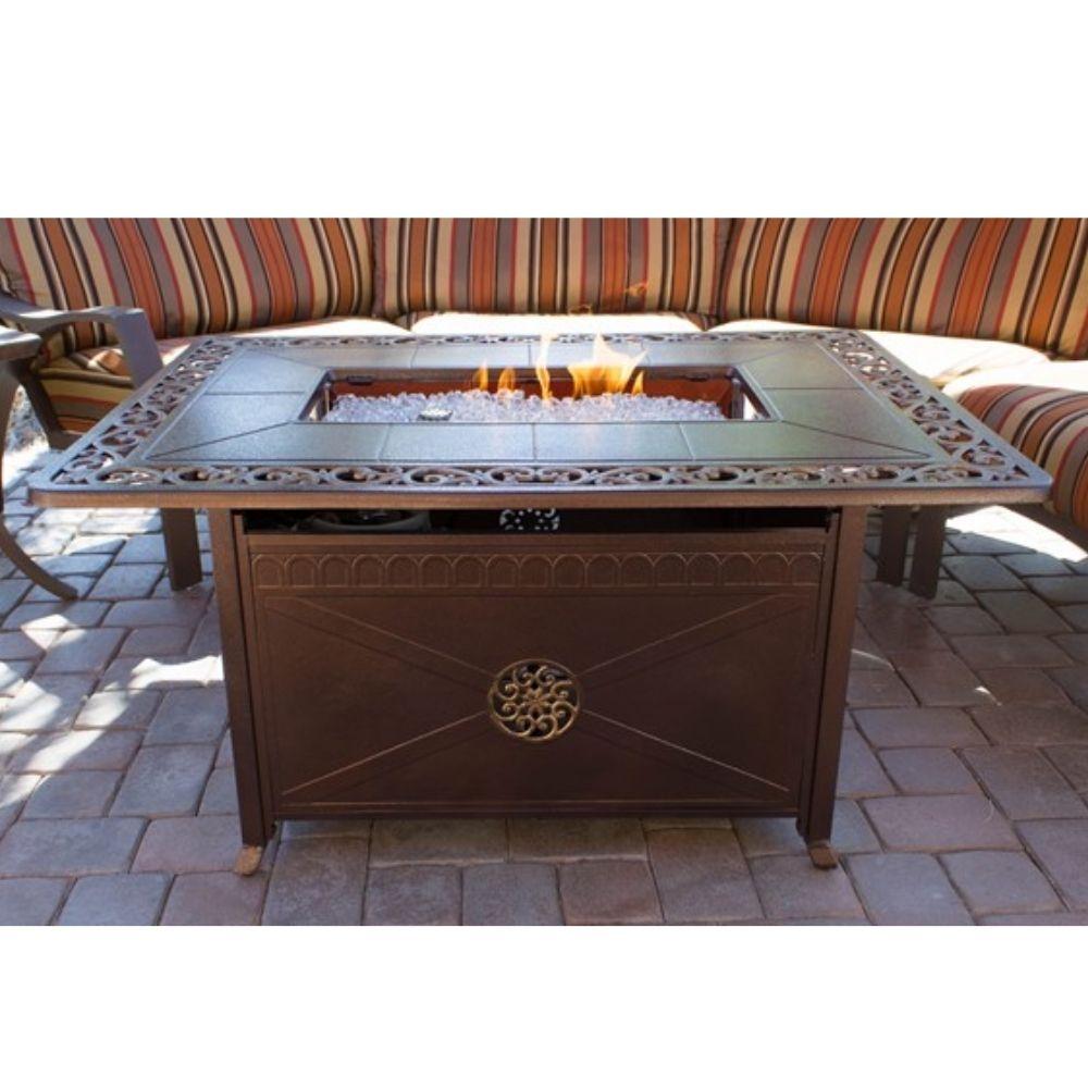 AZ Patio Heaters Scroll Design 50" Rectangular Gas Fire Pit Table (FS-1212-T-10) with fire Glass in courtyard