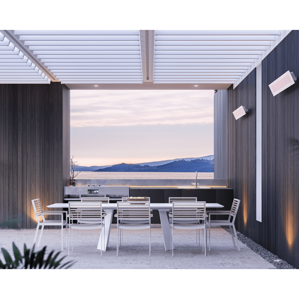 Bromic Platinum Smart-Heat Electric Heater wall mounted on patio in white