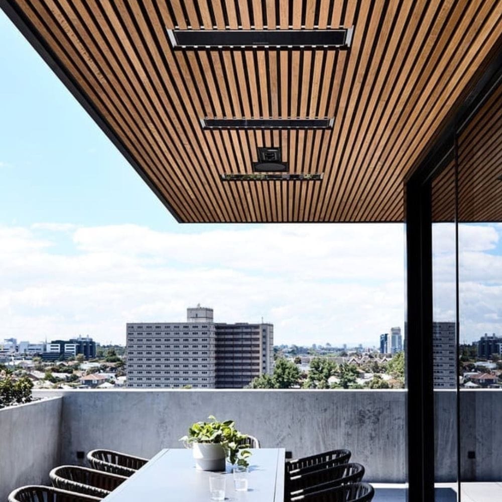Bromic Platinum Smart-Heat Electric Heater recessed on the ceiling of a terrace