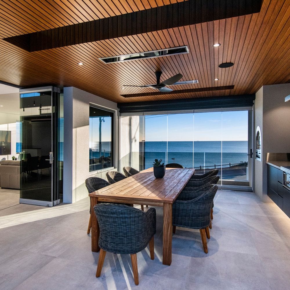 Bromic Platinum Smart-Heat Electric Heater recessed on the ceiling overlooking the sea