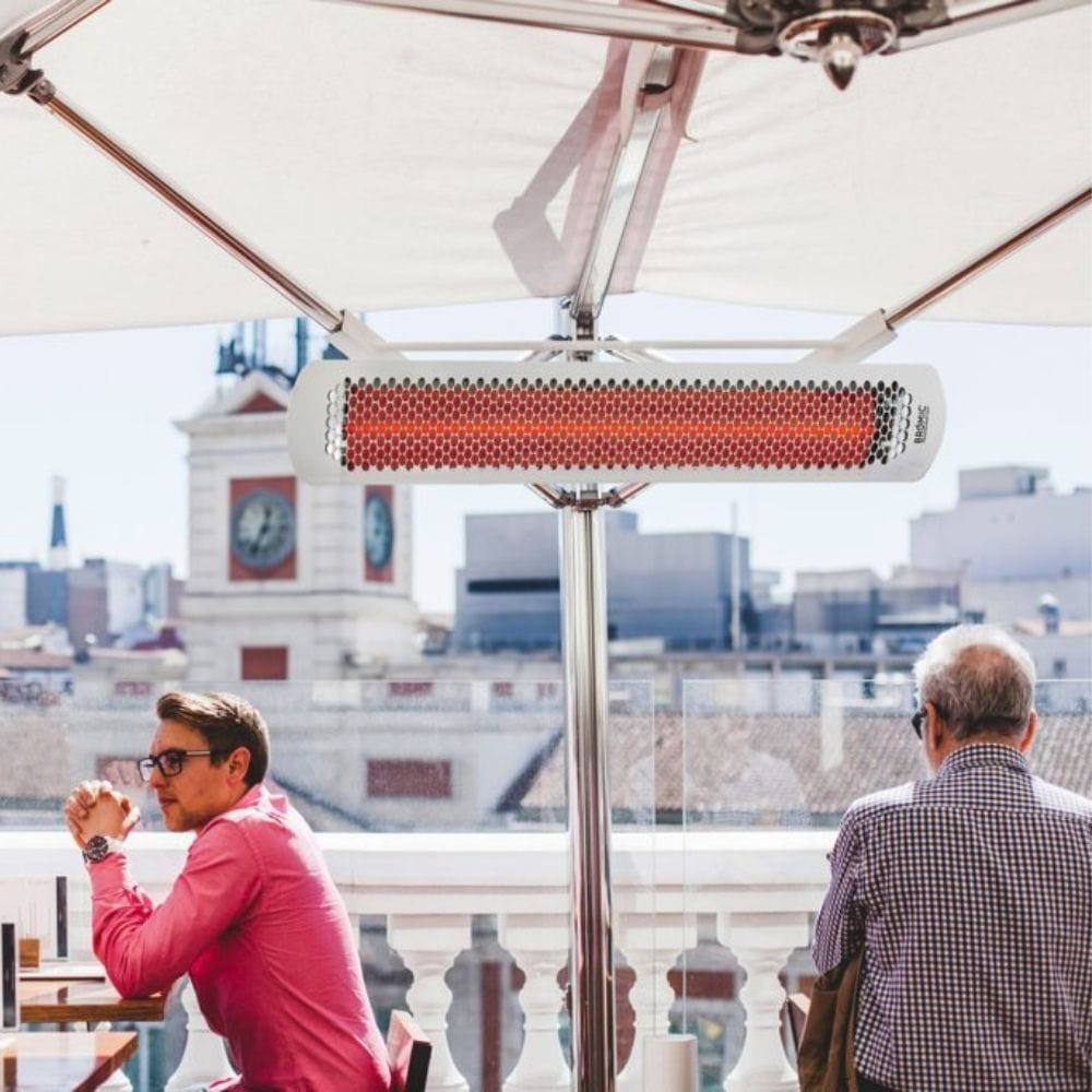 Bromic Tungsten Smart-Heat White Electric Heater Underneath Umbrella