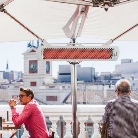 Bromic Tungsten Smart-Heat White Electric Heater Underneath Umbrella