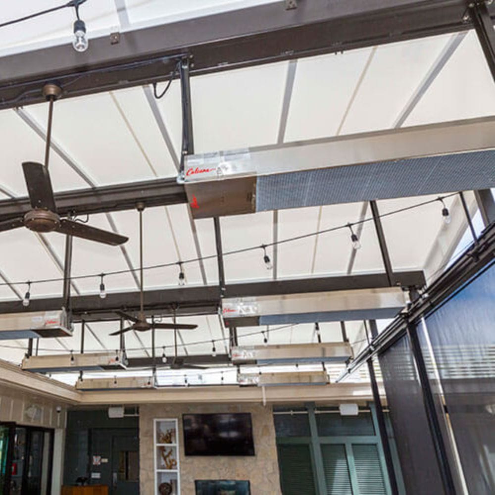 Calcana High Output Stainless Steel Gas Patio Heaters in a patio