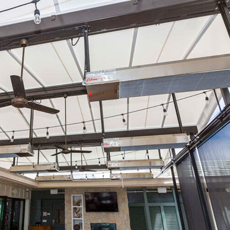 Calcana High Output Stainless Steel Gas Patio Heaters in a patio