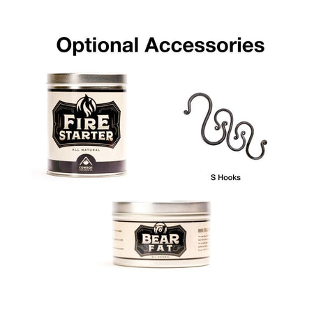 cowboy cauldron fire starter, bear fat and s hooks