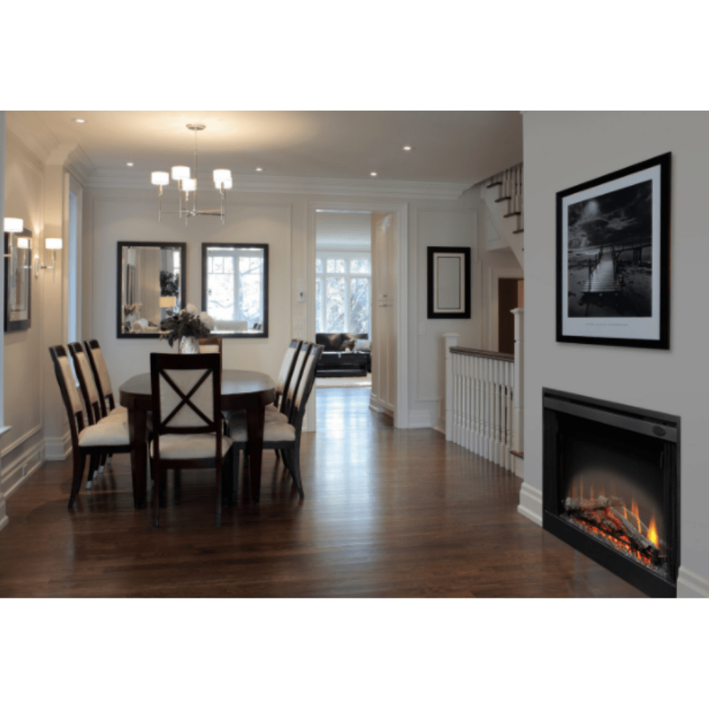 Dimplex 33-Inch Slim Line Built-in Electric Firebox installed by the dining area
