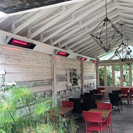 Several Dimplex 240V 2200W Electric Infrared Heaters at a restaurant