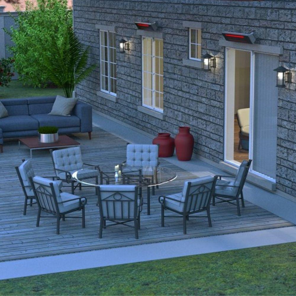 Dimplex 240V 2200W Indoor/Outdoor Electric Infrared Heater wall mounted on a patio