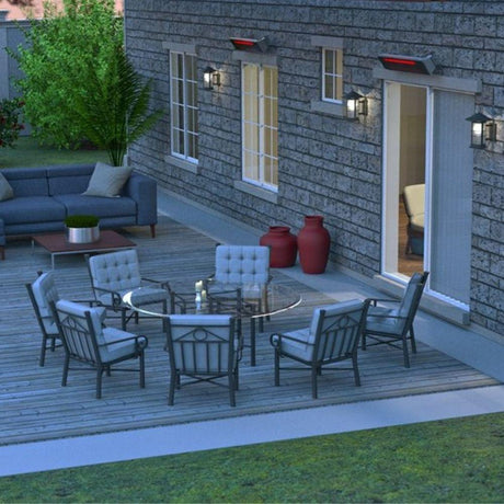 Dimplex 240V 2200W Indoor/Outdoor Electric Infrared Heater wall mounted on a patio