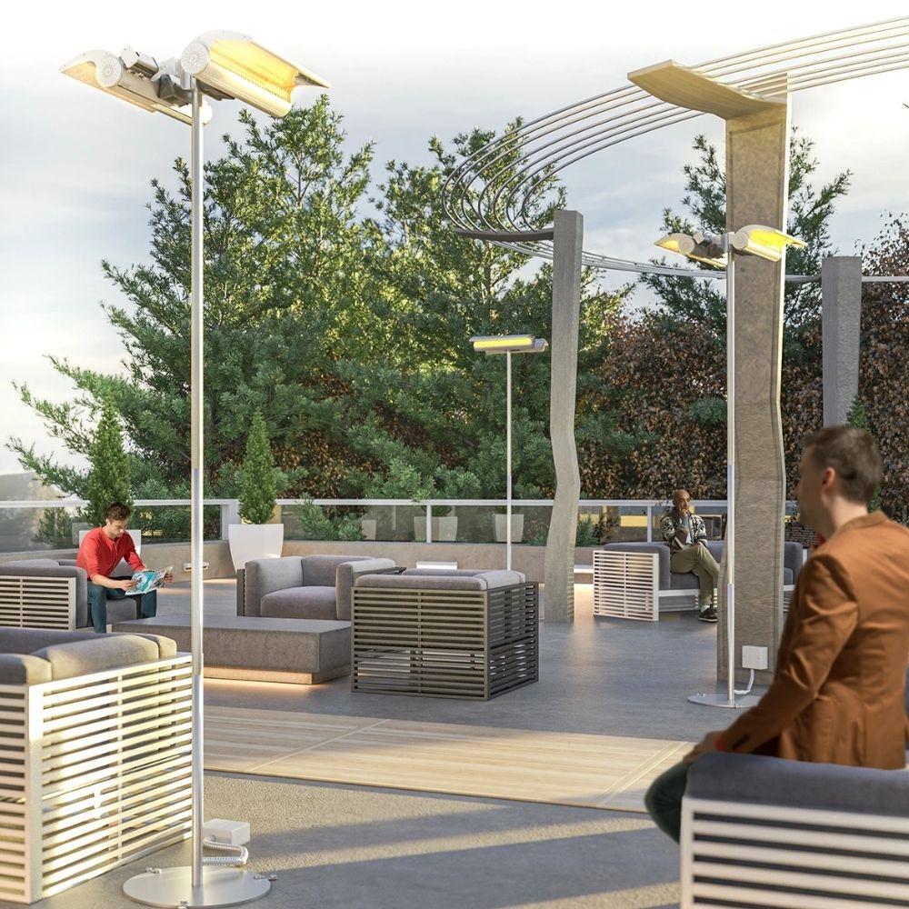 Dimplex DSH20W heaters pole mounted in a modern outdoor space