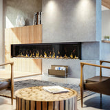 Dimplex Ignite XL Bold 3-Sided Electric Fireplace Right Installation In A Wall Panel With Wooden Accents