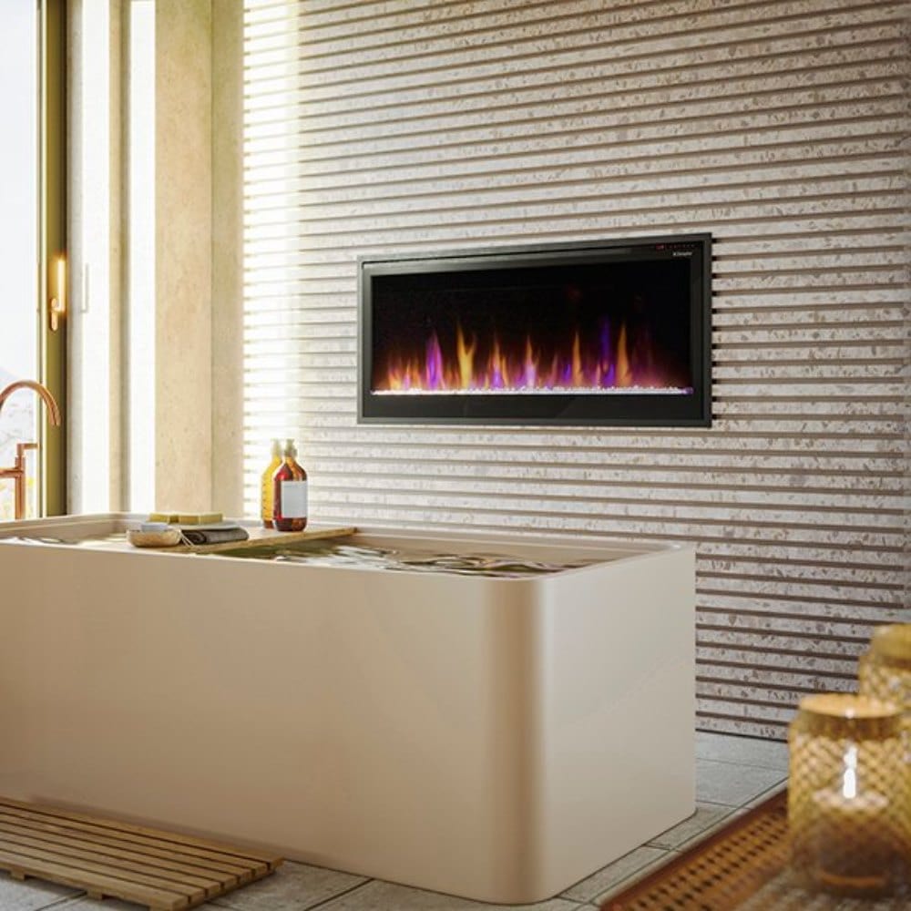 Dimplex Multi-Fire SL 42-Inch Built-In Smart Electric Fireplace in a luxurious bathroom