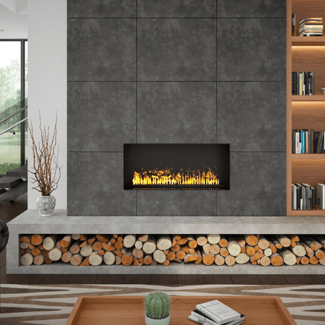 Dimplex Opti-myst® Pro 1000 46-Inch Vapor Fireplace with Heater on textured stone wall