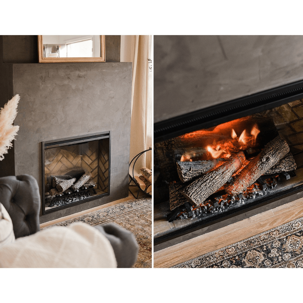 Dimplex Revillusion 24-Inch Built-in Electric Firebox recessed into a concrete wall