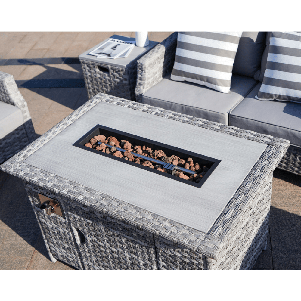 Direct Wicker Gray Sofa Set With Fire Pit Coffee Table with  a grey aluminum inlaid table top and red lava rocks