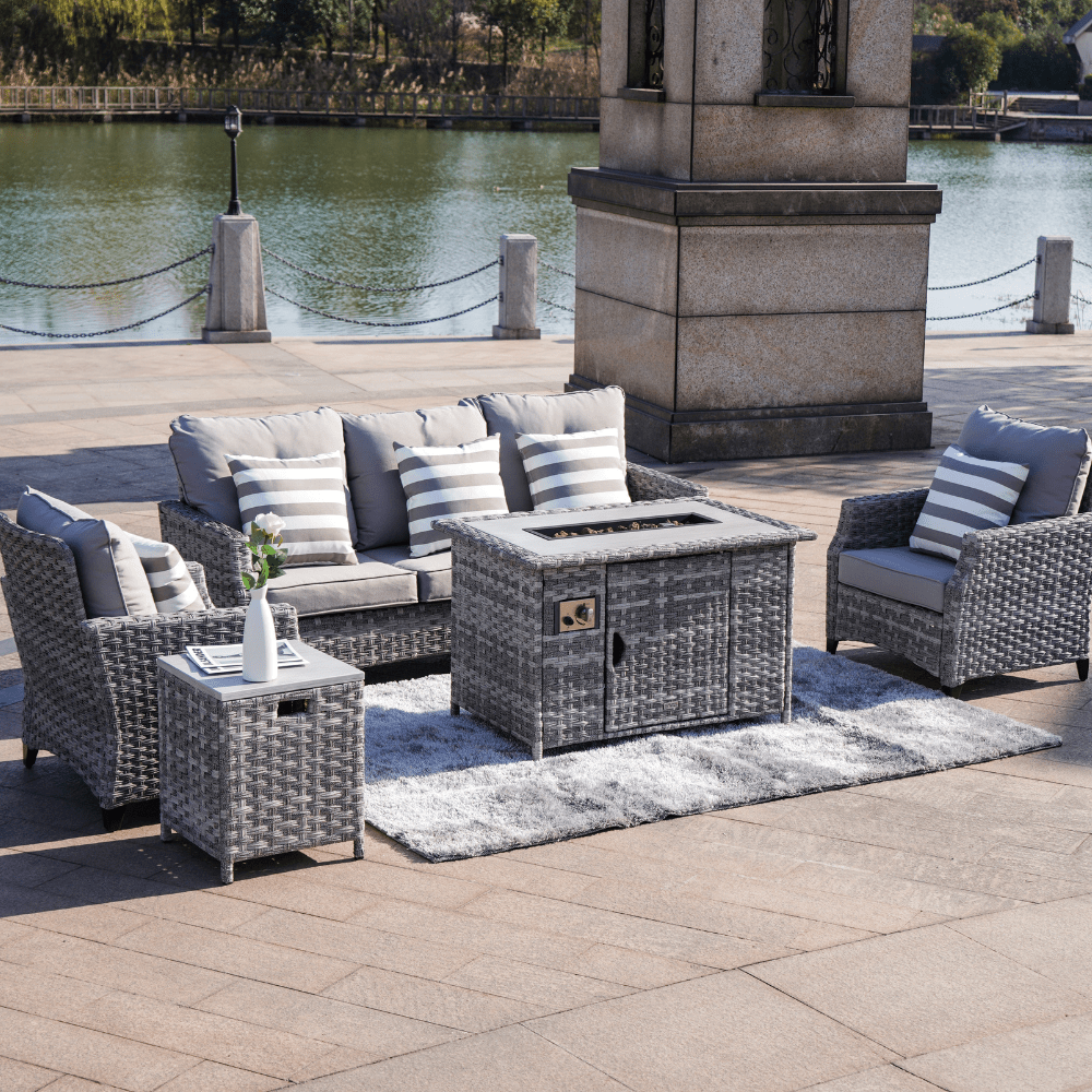 Direct Wicker Dark Gray Sofa Set With Fire Pit Coffee Table by the lake