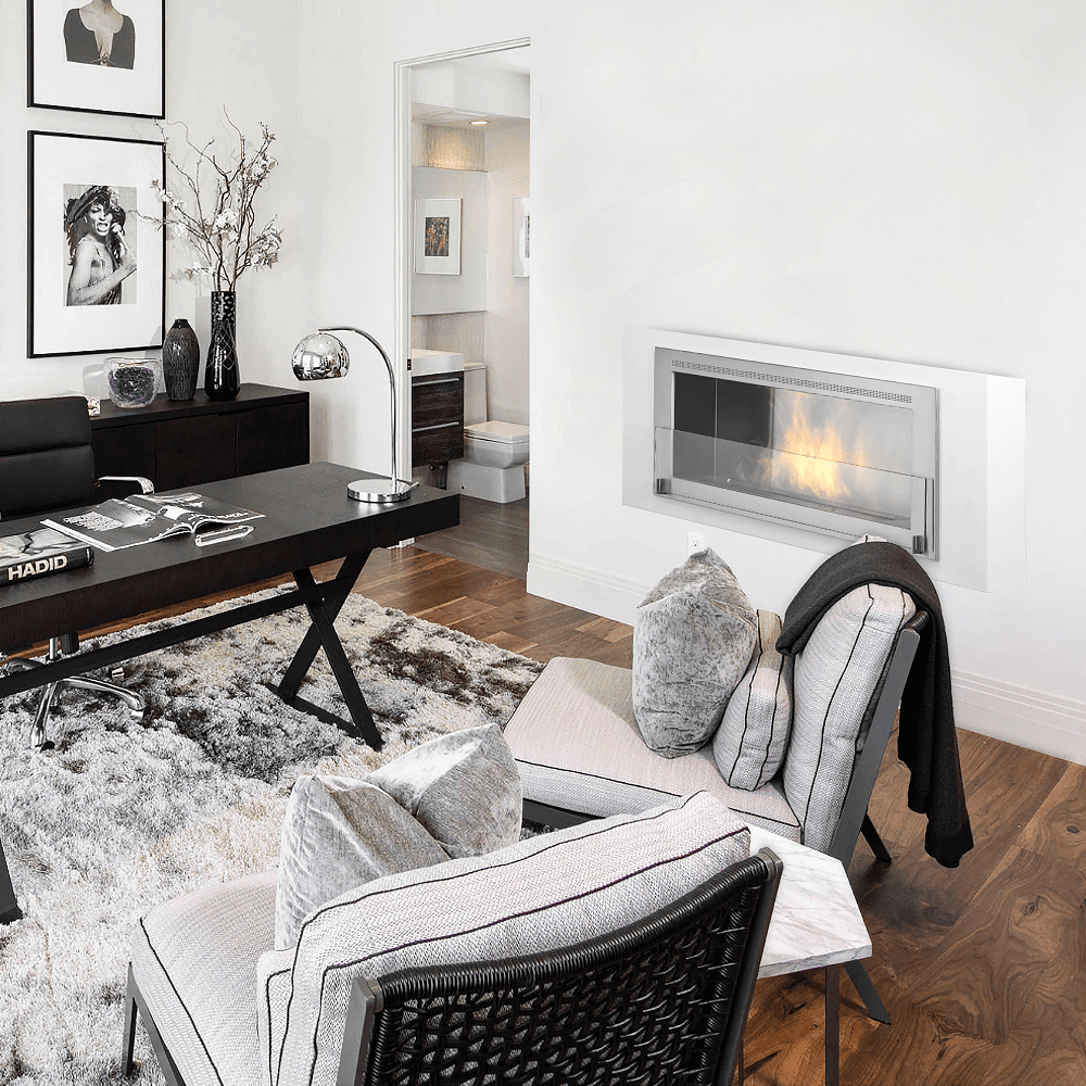 Eco-Feu Santa Lucia 54-Inch Built-in Ethanol Fireplace in a monochrome living space