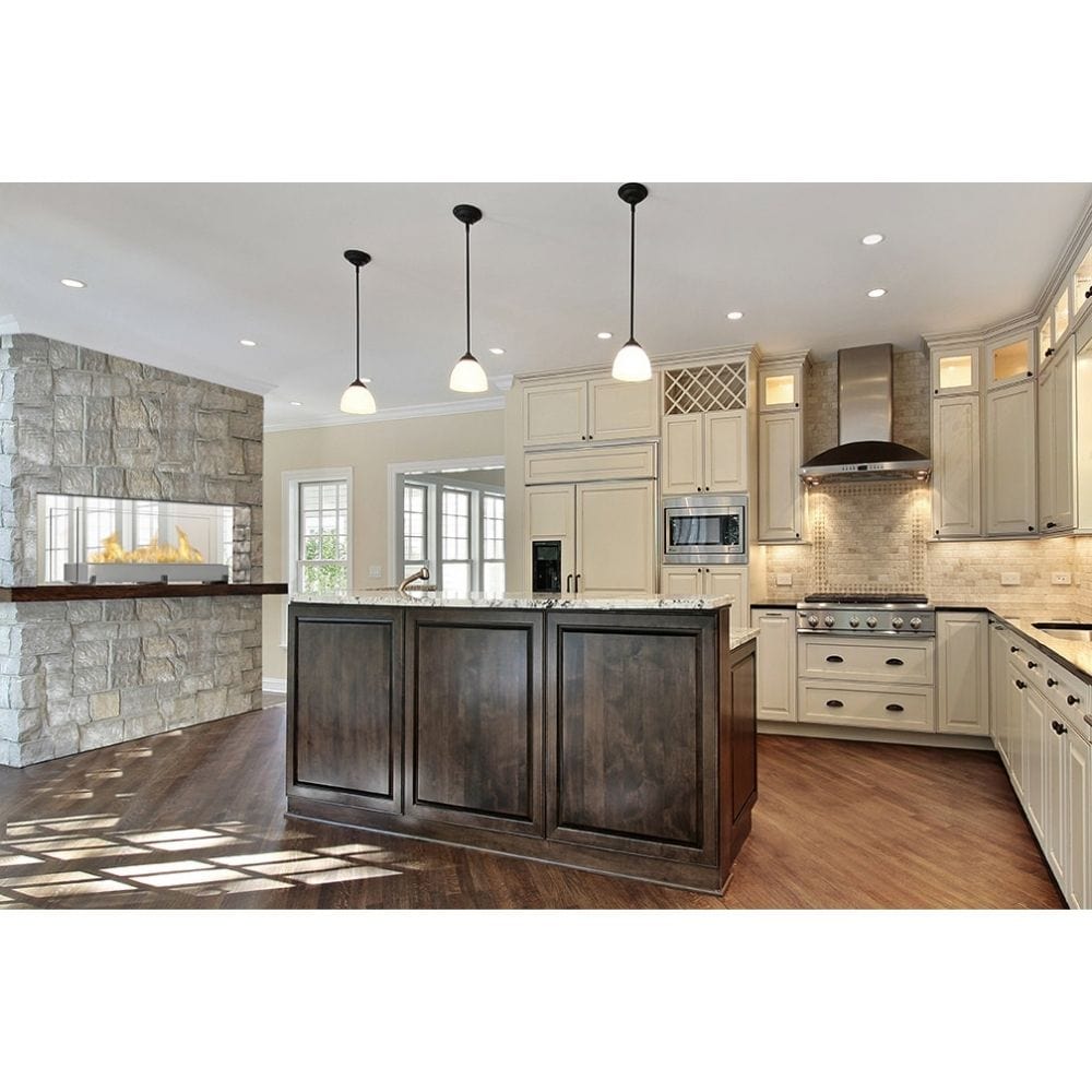 Eco-Feu Vision III 51-Inch Free Standing Ethanol Fireplace in Kitchen