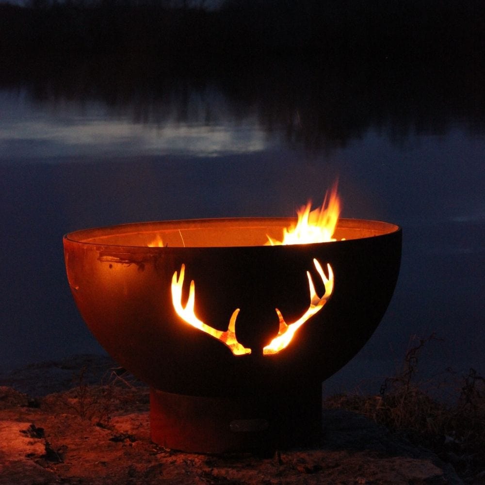 Fire Pit Art Antlers 36-Inch Handcrafted Carbon Steel Gas Fire Pit by the Lake